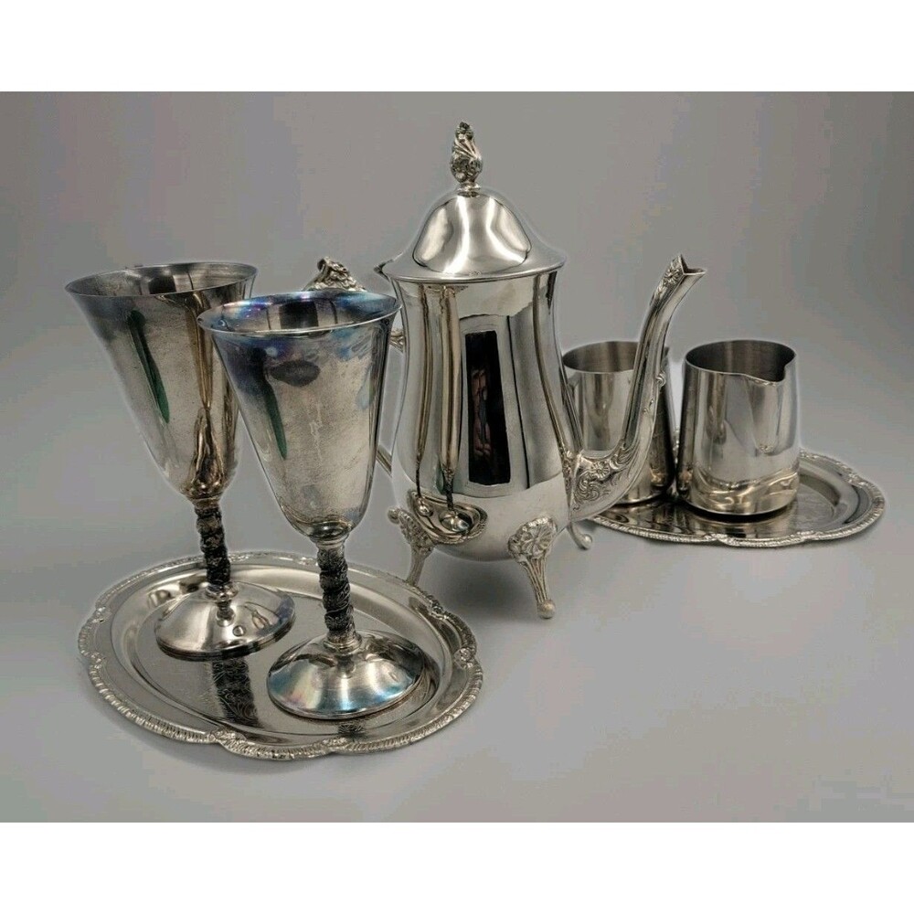 Vintage  International Silver Company 7 pc. Tea Set with 2 Goblets Cleaned nice